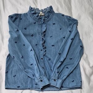 Blue Ruffled Button-Up Blouse